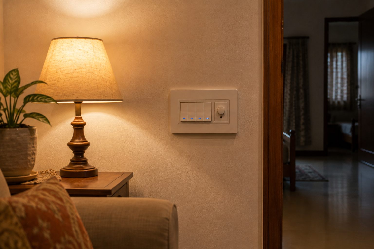 A lit table lamp on a side table in an Indian living room in the evening, and on the wall beside it a modular switch plate with one switch clearly in the off position.