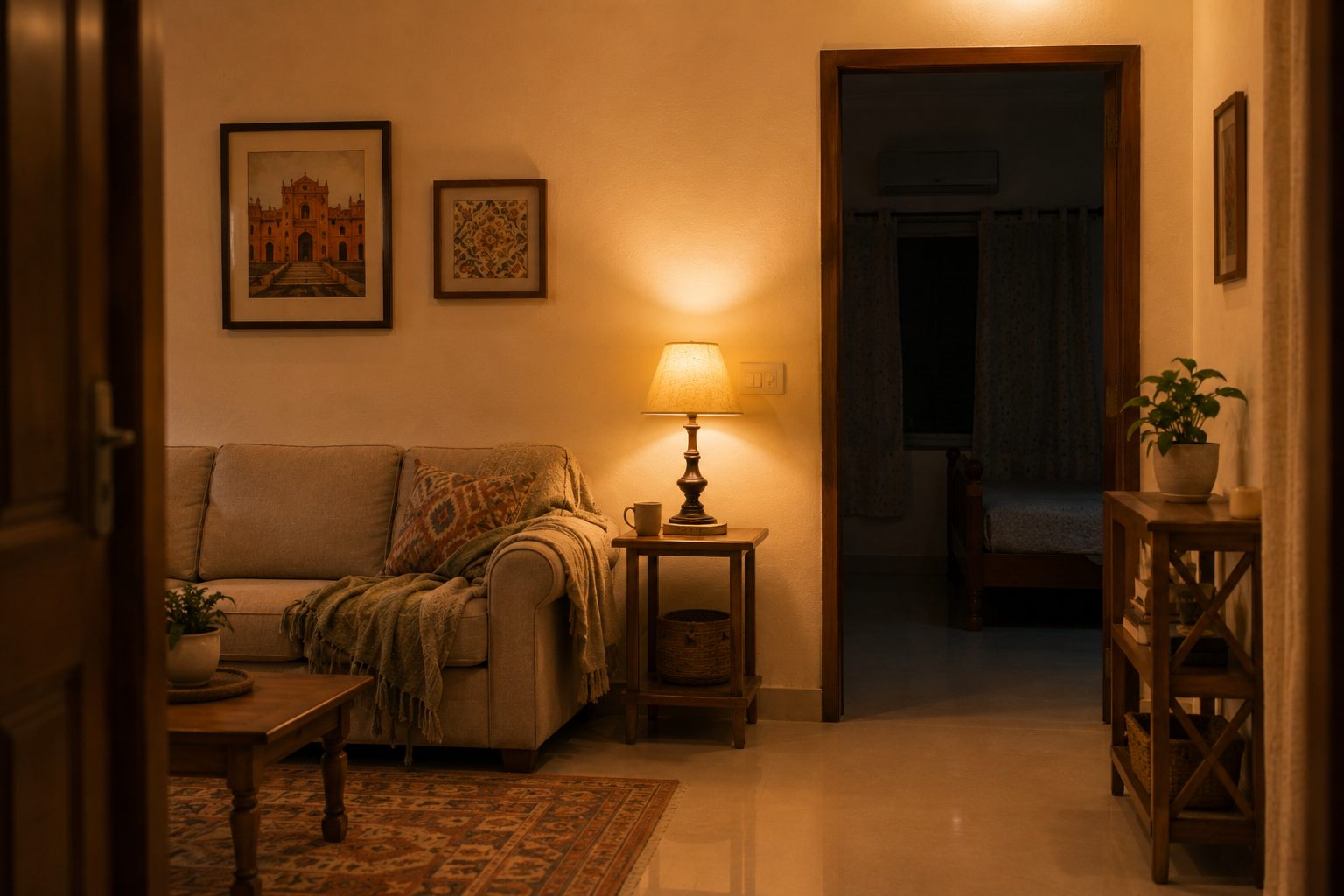 A warm lamplit living room seen from the doorway in the evening, a throw over the sofa and a cup on the side table, with an unlit bedroom visible through an open door beyond.