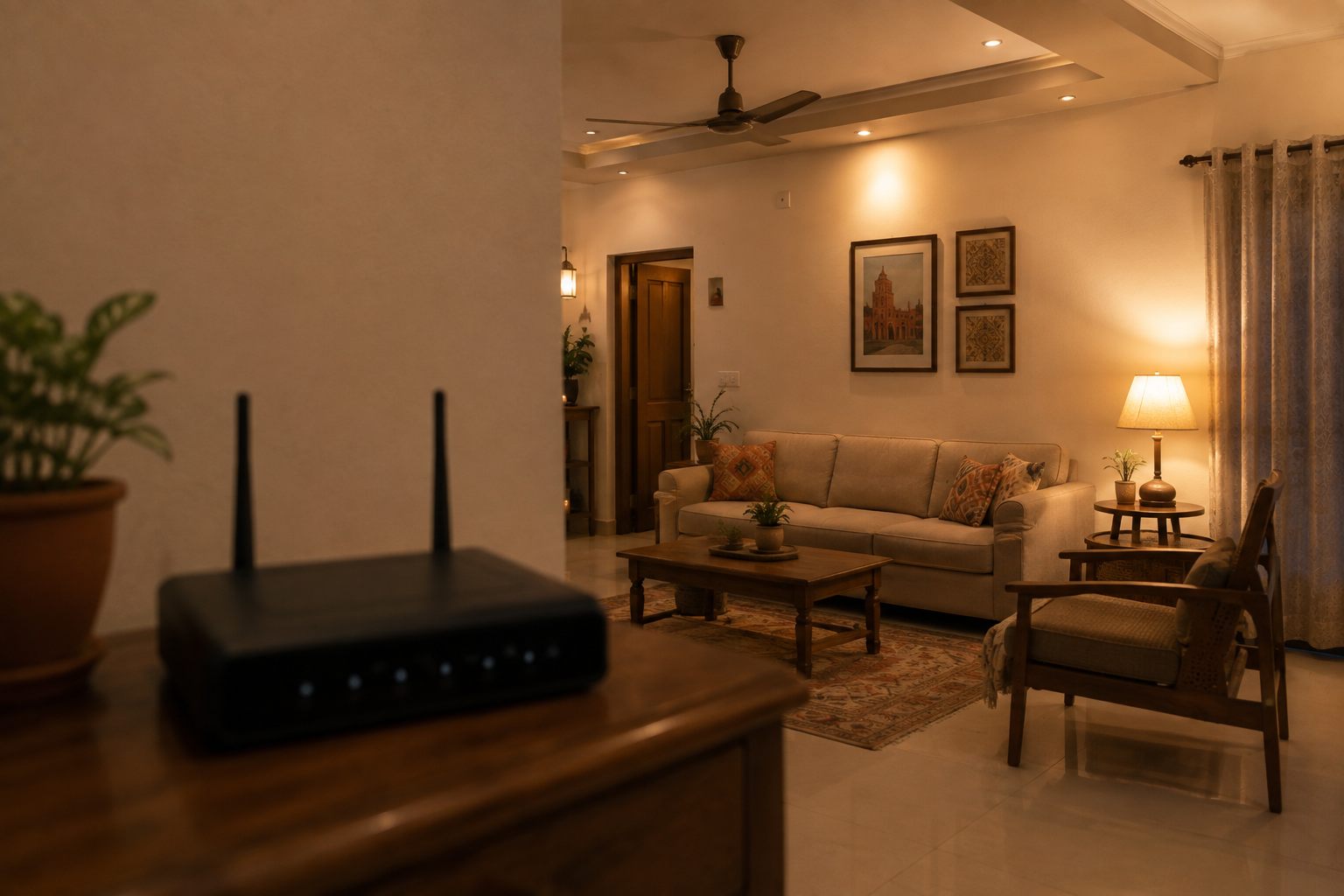 An Indian living room in the evening with the lamps and ceiling lights comfortably on, and in the near foreground a broadband router on a side table with every one of its indicator lights dark.