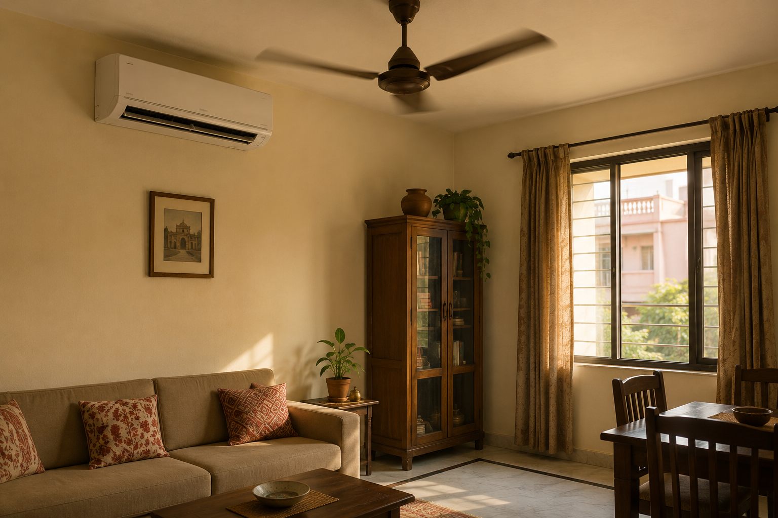 A wall-mounted split air conditioner high on a cream wall of an Indian living room, with a ceiling fan turning below it and late afternoon sun across the sofa.