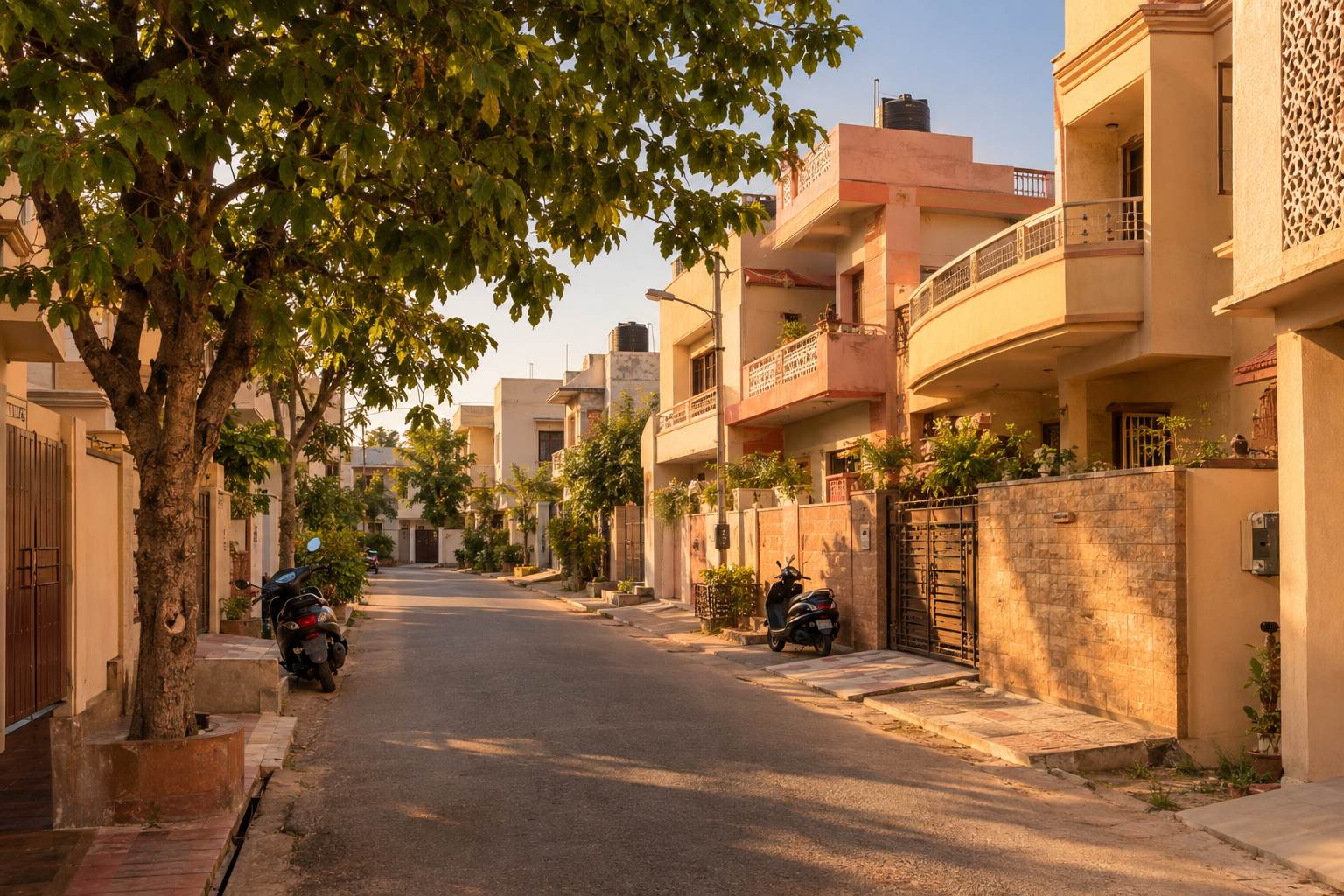 A residential street in Jaipur in warm late afternoon light, sandstone and pink family homes on both sides with water tanks on their parapets, a tree throwing shade across the road and two scooters parked at the kerb.
