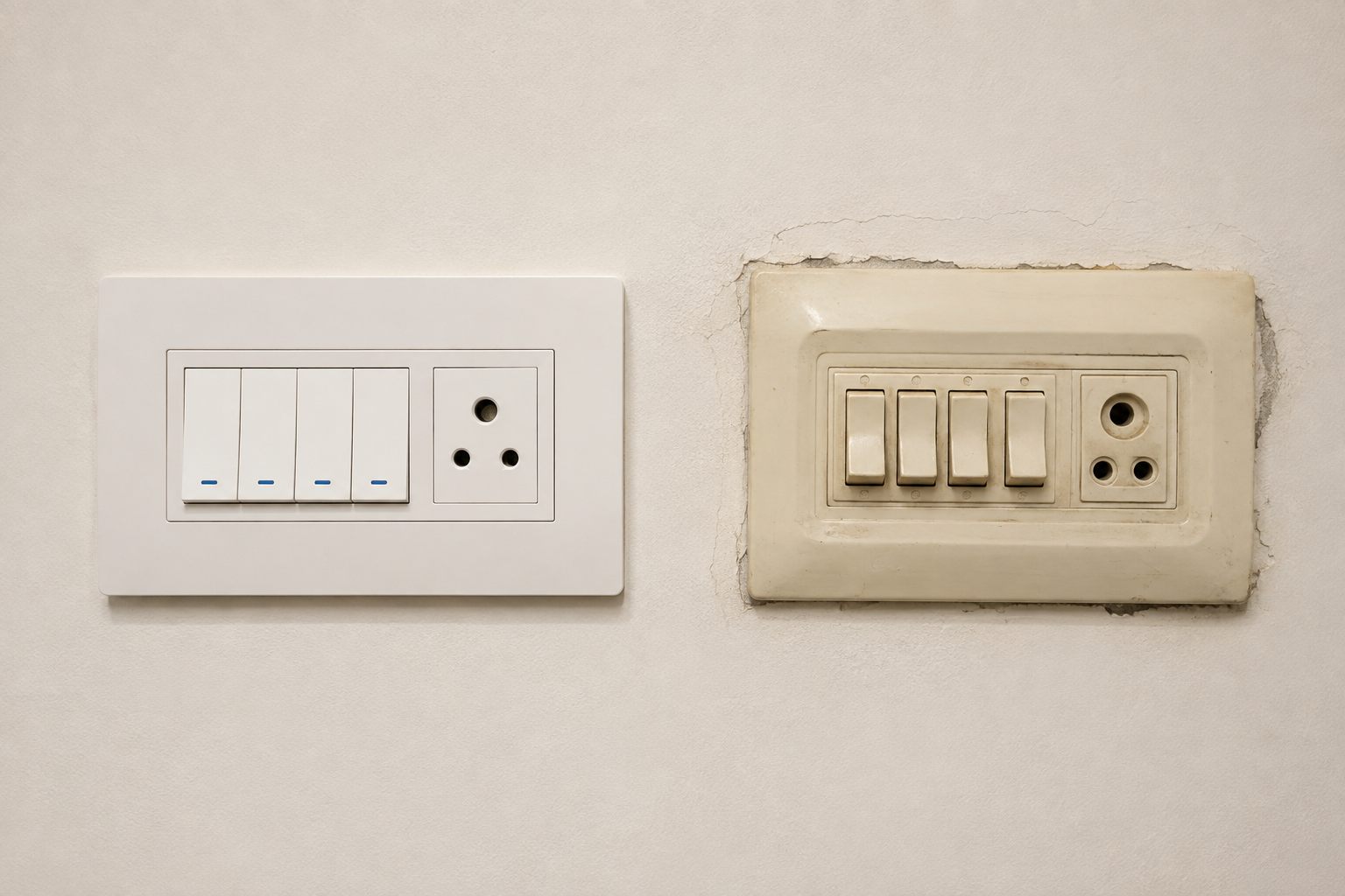 Two switch plates side by side on the same wall in even daylight. The left one is a modern white modular plate with clean plaster around it. The right one is an older yellowed plate set into plaster that has cracked and lifted at its edges.