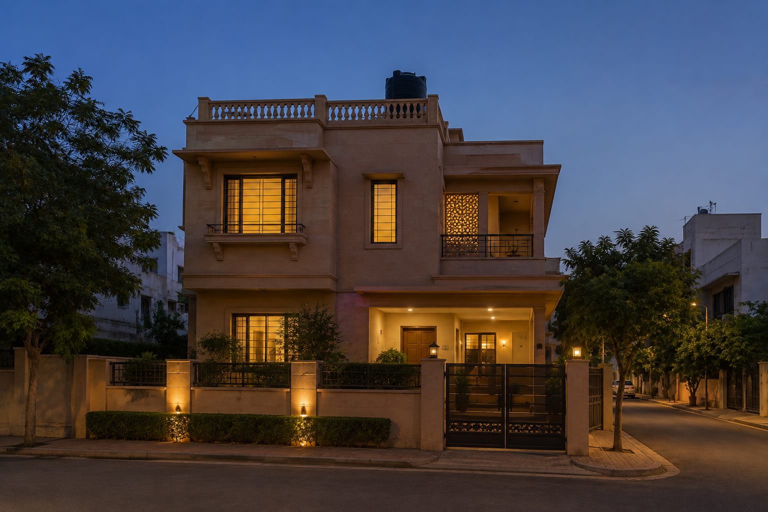A Jaipur family home seen from across the street at dusk, warm light in two windows and the porch, a water tank on the parapet against the last blue of the sky.