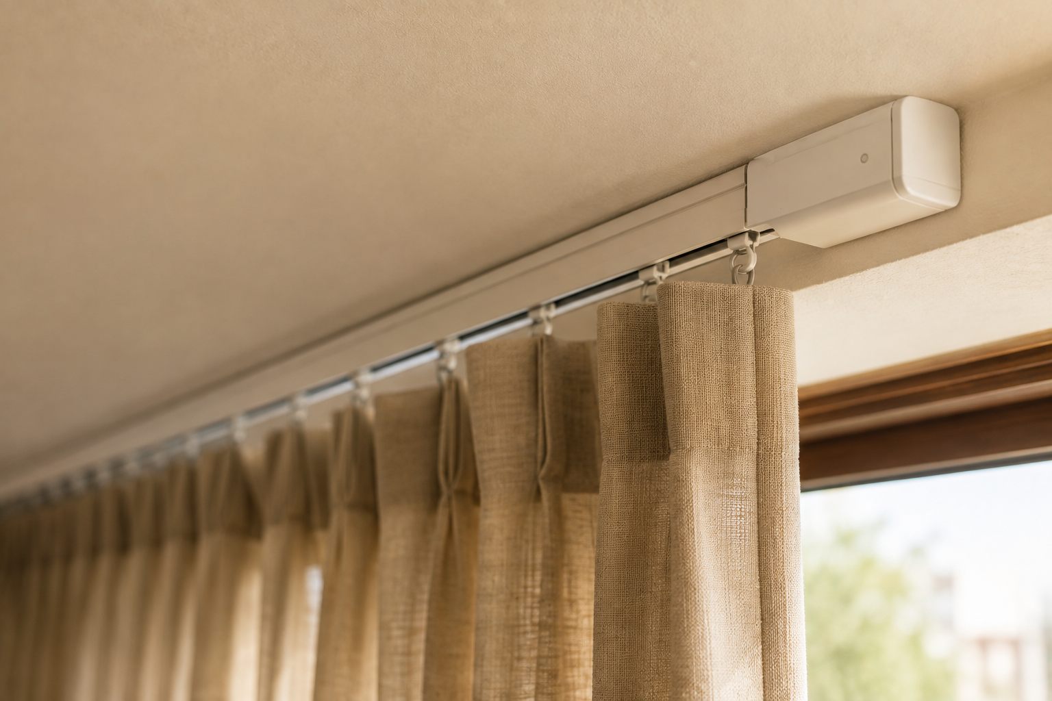 A close view along a slim white motorised curtain track fixed just below the ceiling, with the compact motor housing at the near end and sand-coloured curtain fabric hanging from the runners below.