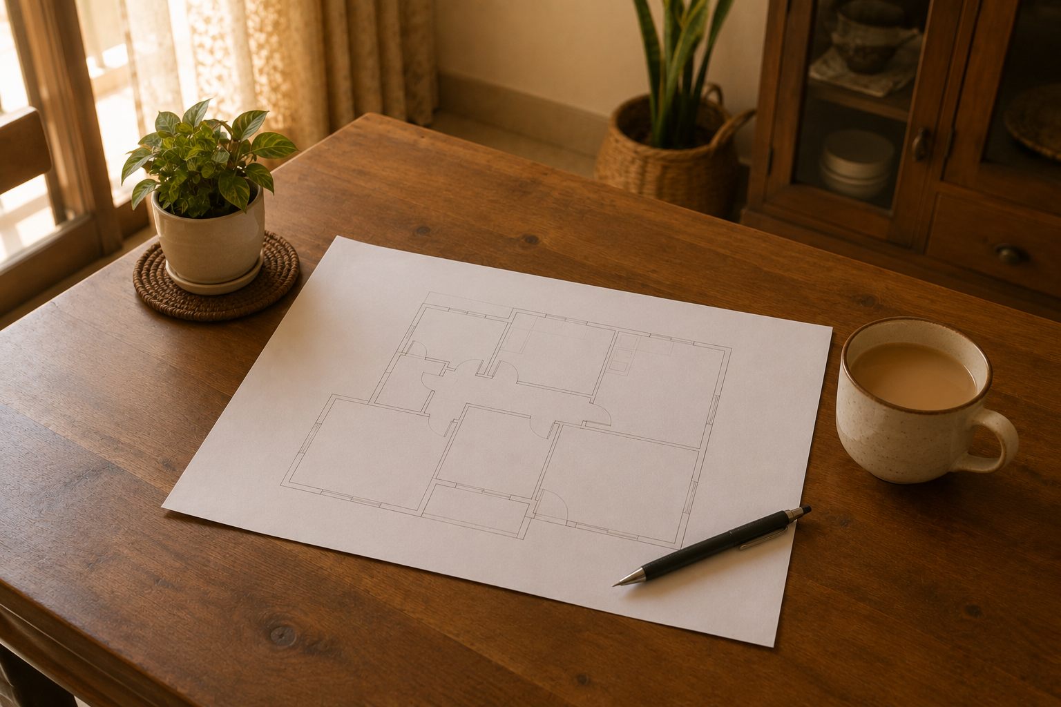 A plain paper floor plan of a small flat lying open on a wooden dining table in warm morning light, a pen resting across one corner and a cup of tea beside it.