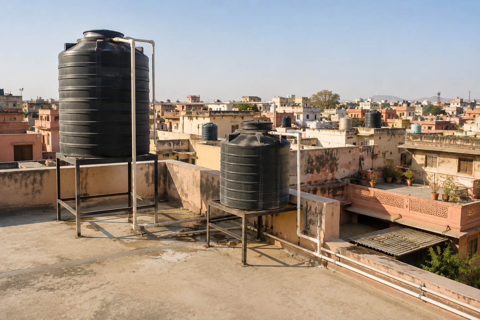Two black overhead water tanks of different sizes on welded steel stands on a Jaipur rooftop in flat daylight, pipework running between them and down over the parapet, with the tanks of neighbouring roofs behind.