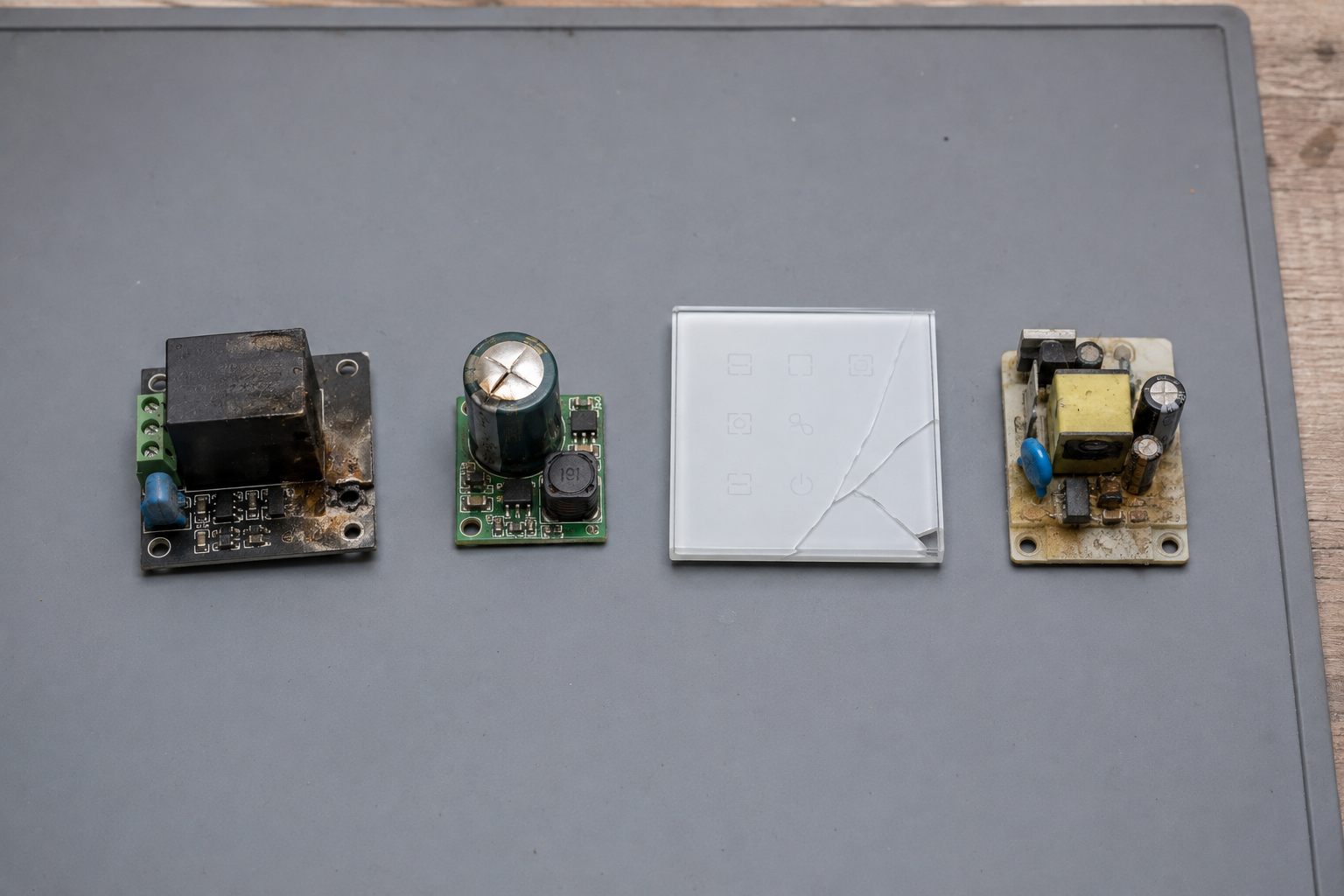 Four failed components laid in a row on a grey anti-static mat: a relay module scorched brown around one terminal, a small board with a swollen capacitor, a touch panel with a crack across one corner of its glass, and a corroded power supply board.