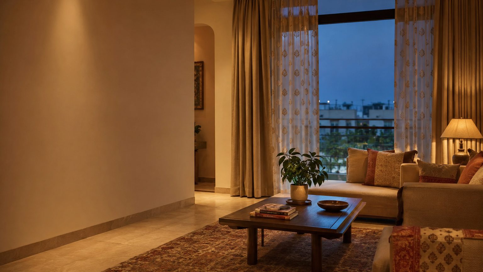 A Jaipur living room in the evening with warm lamps on and curtains half drawn.