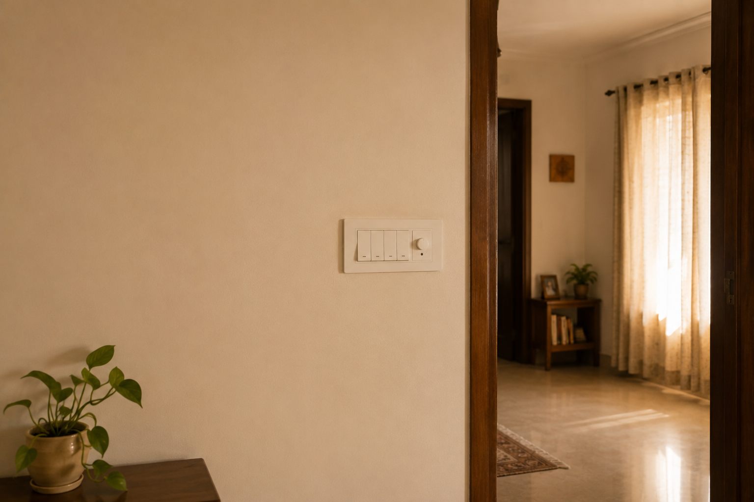 A quiet corner of an Indian home in warm afternoon light: a modular switch plate with a dimmer on a plain cream wall, a wooden doorway beside it and a curtained window in the room beyond.