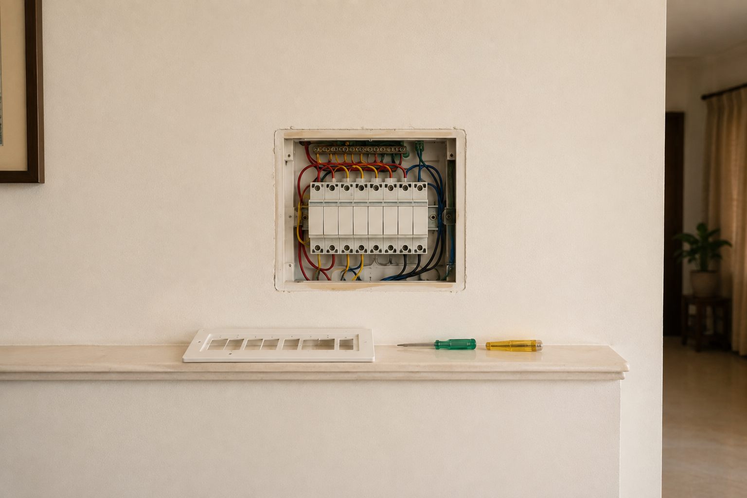 An open distribution board recessed into a cream wall, its cover plate removed and resting on the ledge below beside two screwdrivers, the breakers and coloured wiring inside clearly visible.