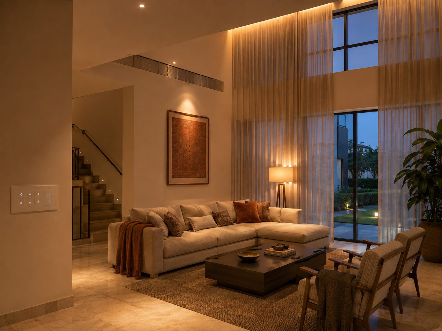 A double-height villa living area at dusk with layered lighting.