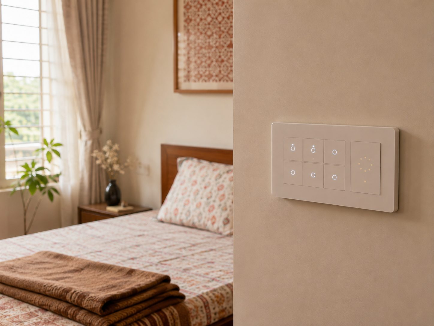 A 2BHK bedroom with a smart touch panel beside the bed.