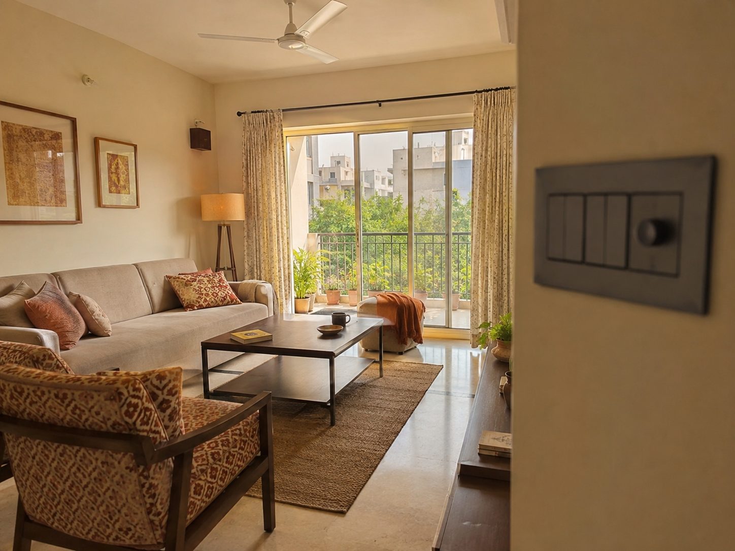 A 3BHK living room with a smart switch panel on the near wall.