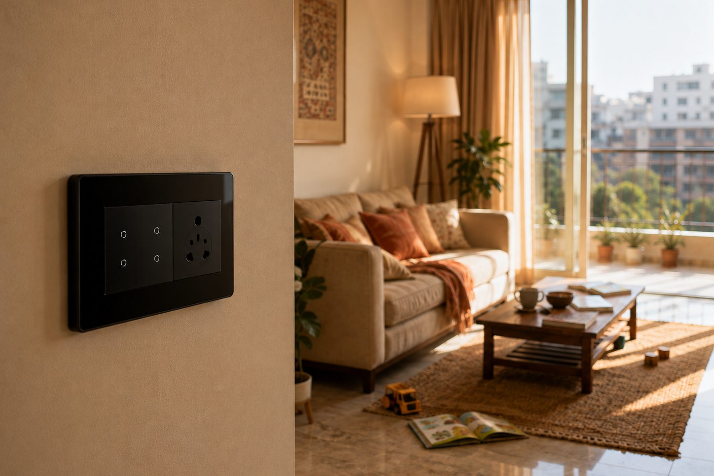 A graphite smart switch panel on the wall of a sunlit living room.