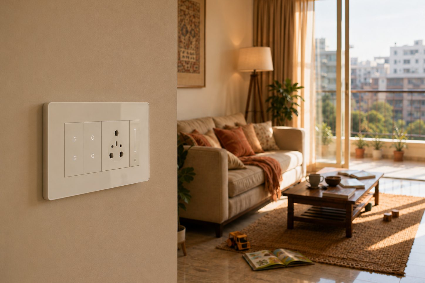 The same wall and room with a white smart switch panel instead.