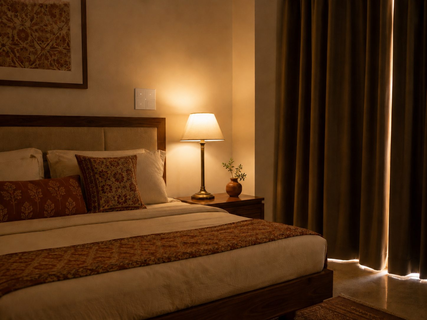 Bedroom with bedside control and quiet motorised curtains.