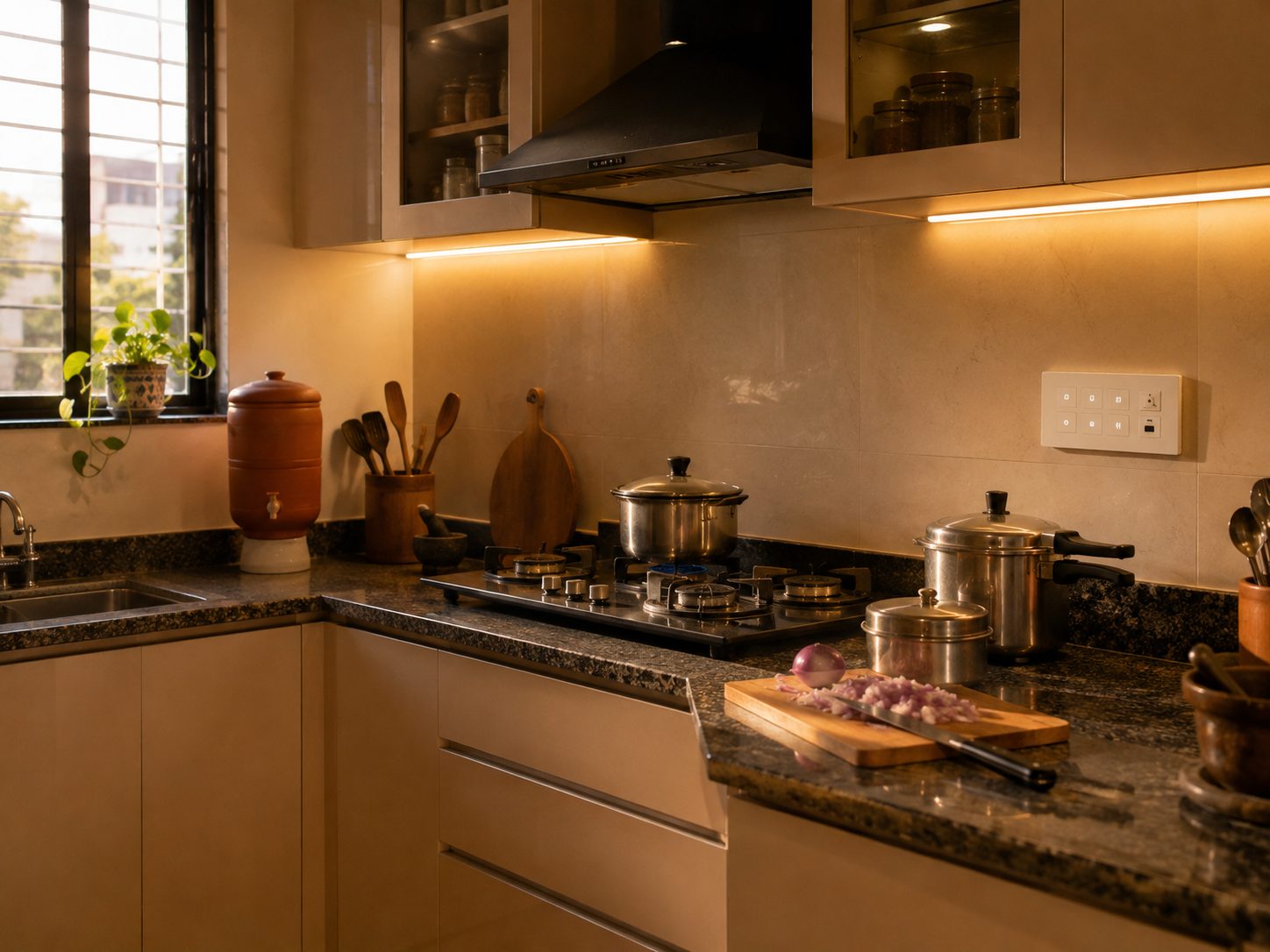 Kitchen with under-cabinet lighting and exhaust control.