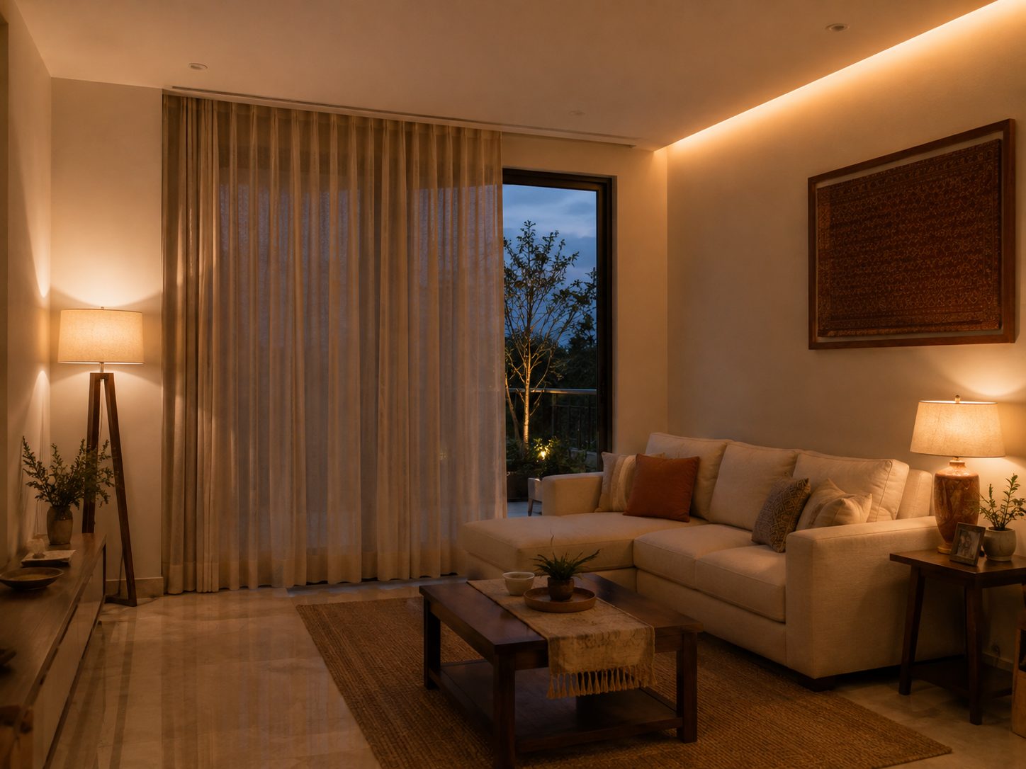 Living room with layered lighting and motorised curtains.