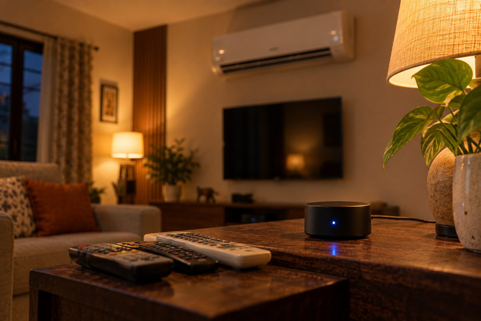 A small black cylindrical IR blaster with a blue indicator light, sitting on a wooden side table in a warmly lit living room. A wall-mounted air conditioner and a television are visible behind it, and three old handsets lie in a pile in the foreground.