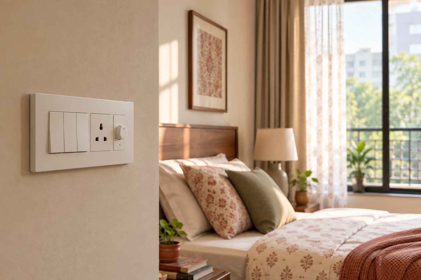 A flush-fitted modular switch plate on a bedroom wall in morning light, looking entirely ordinary.