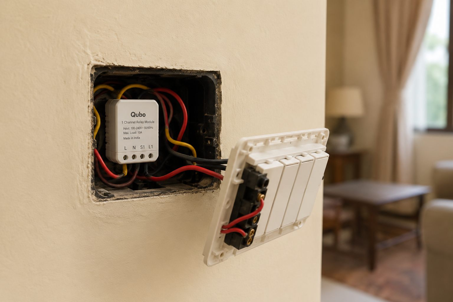 A switch plate lifted away from its back box and held to one side, still wired. Inside the box a small white Qubo one-channel relay module sits behind the switches, its live, neutral and switch terminals connected to the existing red, yellow and black wires. The plaster around the box is undamaged.