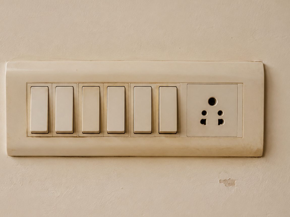 A standard six-switch board and socket on a painted wall in a Jaipur home.
