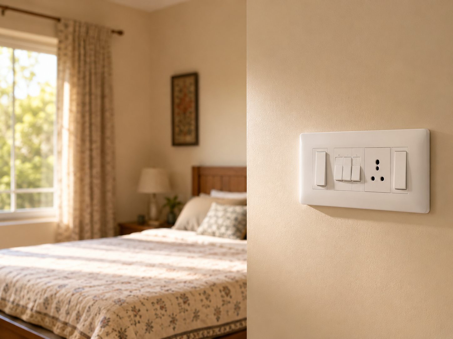 A wall switchboard in a lived-in room, the plates unchanged and at their original height.