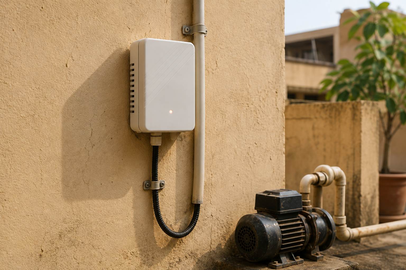 A small white controller unit mounted on a sand-coloured exterior wall beside electrical conduit, one indicator light lit, with a water pump on its plinth in the sunlight beyond.