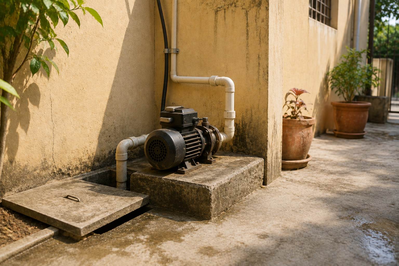 A water pump on a concrete plinth in the side yard of an Indian house, pipework running from a covered underground sump on one side and up the wall on the other.