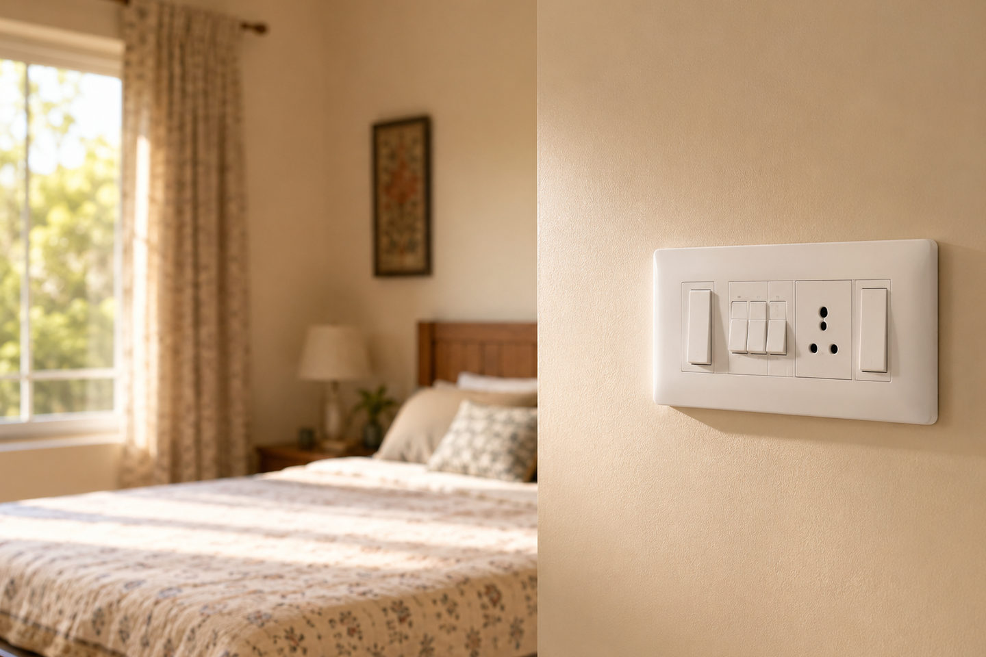 A bedroom in a Jaipur home in the late afternoon, with a curtained window, a framed picture and a wooden bed, and on the near wall an ordinary white modular switch plate carrying rocker switches and a three-pin socket.